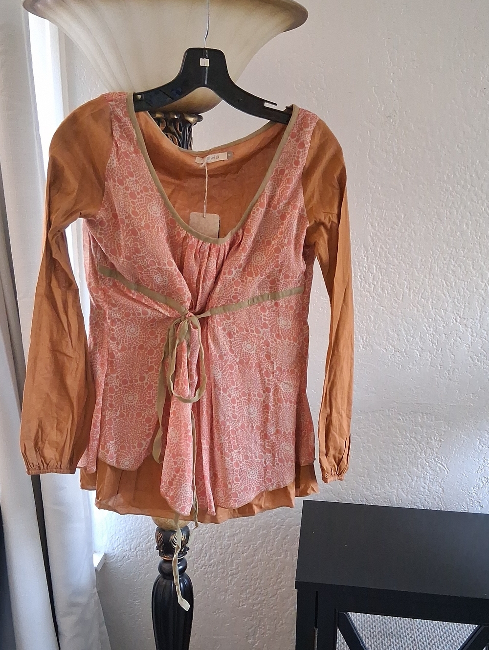 Peach & Tan Floral Tie-Front Tunic Top